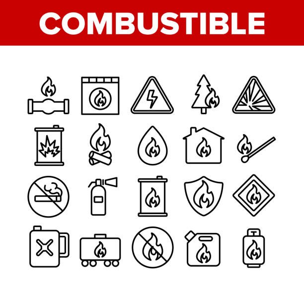 Combustible Products Collection Icons Set Vector Combustible Products Collection Icons Set Vector Thin Line. Burning Gaz From Pipe, Flame On Mark And Shield, Warning Combustible Things Concept Linear Pictograms. Monochrome Contour Illustrations flammable stock illustrations
