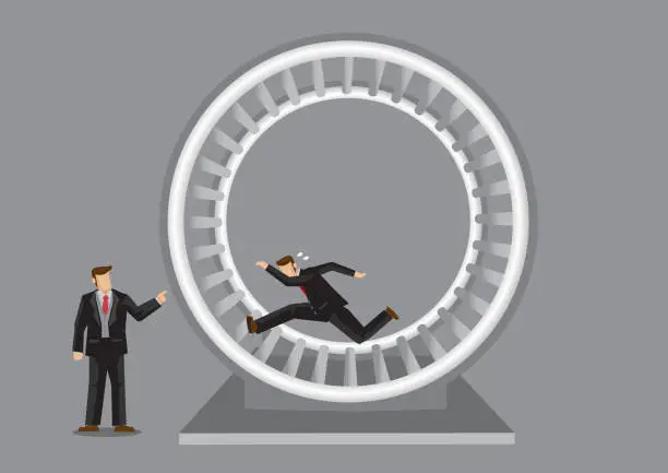 Vector illustration of Employee Running in Human Hamster Wheel Cartoon Vector Illustration on Rat Race Metaphor