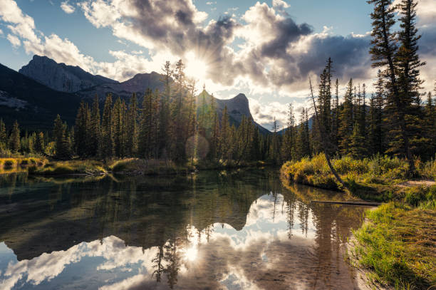 istock Sunset over rocky mountain with pine forest reflection on pond in Canmore 1192893495