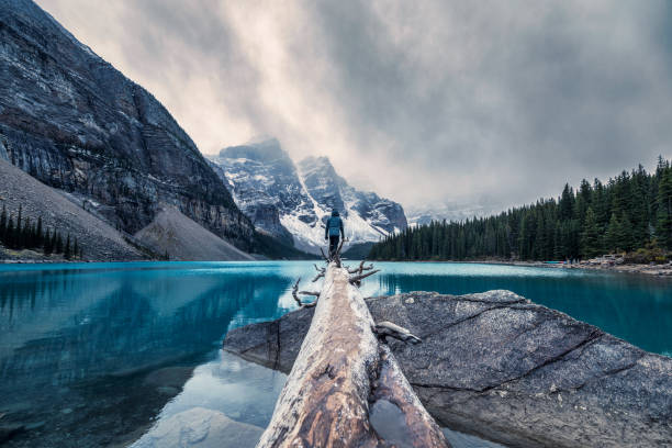 traveler standing on log in maraine lake on gloomy day at banff national park - vertical scenics ice canada photos et images de collection