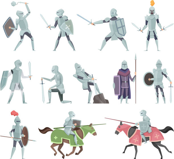 기사. 중세 전투 갑옷 문자 십자군 역사적인 전투 마스코트 벡터 만화 - mounted guard stock illustrations