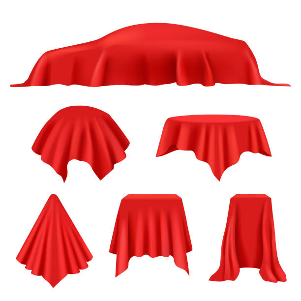 istock Red silk covered. Revealer cloth realistic exhibition curtains royal cover studio display vector collection 1192894235