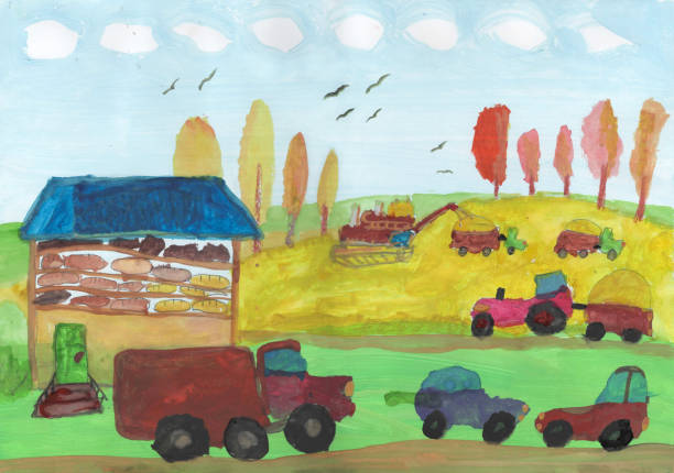 istock Combine harvester working a wheat field with a tractor and trailer moving alongside.Drawing in children style 1192894906