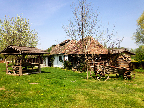 Village house and a carriage in Zasavica, the wild nature's park, located in west-central Serbia. One of the major wildlife refuges and one of the last authentically preserved wetlands in Serbia.