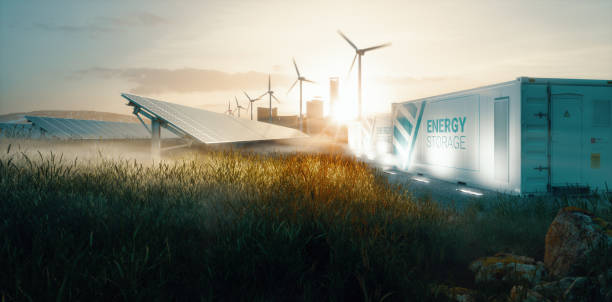 日没時の将来のスマートシティのためのスマートグリッド再生可能エネルギーシステムソリューション。3d レンダリング - industrial windmill ストックフォトと画像