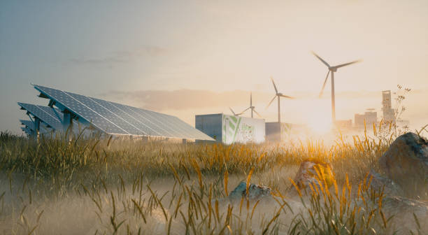 concept of renewable energy solution in beautiful morning light. installation of solar power plant, container battery energy storage systems, wind turbine farm and city in background. 3d rendering. - rural scene imagens e fotografias de stock