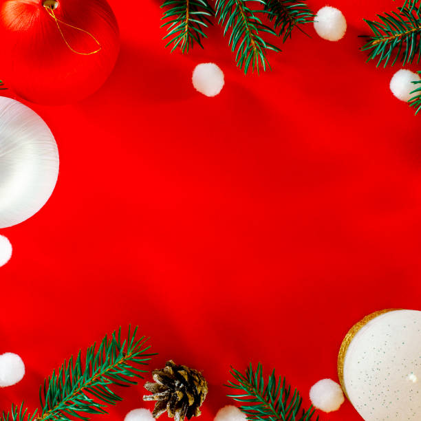 istock Top view Flat lay Christmas still life from christmas decorations on a red background 1192897786