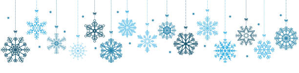 hanging snow stars banner for christmas greetings time vector panorama banner with different hanging snow stars for christmas and winter time concepts and white colored background heading stock illustrations