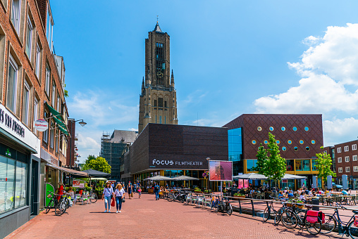 Arnhem, June 22nd, 2019 -Tourist and locals shopping and enjoying the nice summer weather at the Audrey Hepburn square and the Focus film theater