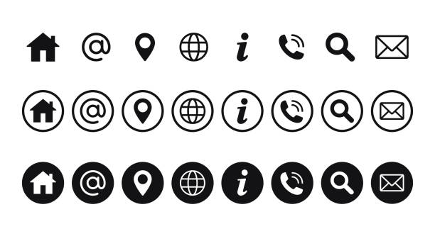 kontakte vektor-symbole umreißen stil und silhouetten stock illustration - text global communications earth globe stock-grafiken, -clipart, -cartoons und -symbole