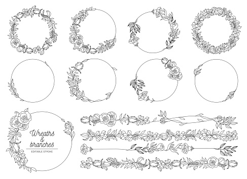 Vector botanical collection of floral and herbal wreaths. isolated vector wreath with plants, branches and flowers ink sketch design. hand drawn line art set for cards, invitations, logo, diy projects stock illustration