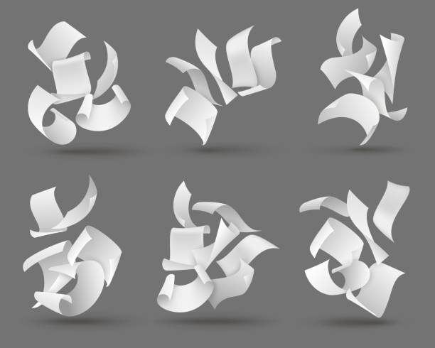 ilustrações de stock, clip art, desenhos animados e ícones de falling paper sheets. white flying papers with curved corners. blank document pages, chaotic paperwork. fly scattered notes vector set - paper wind form shape