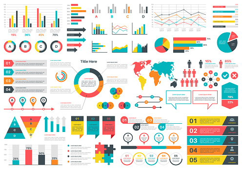 Infographics charts. Financial analysis data graphs and diagram, marketing statistic workflow modern business presentation elements vector investment progress icon set