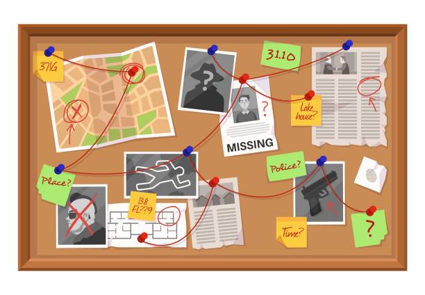 Investigation board. Crime evidence connections chart, pinned newspaper and photos. Research scheme on detective board vector concept Investigation board. Crime evidence connections chart, pinned newspaper and photos. Research scheme on detective board cartoon vector working plan of detection concept conspiracy photos stock illustrations