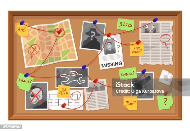 Investigation Board Crime Evidence Connections Chart Pinned Newspaper And Photos Research Scheme On Detective Board Vector Concept Stock Illustration - Download Image Now