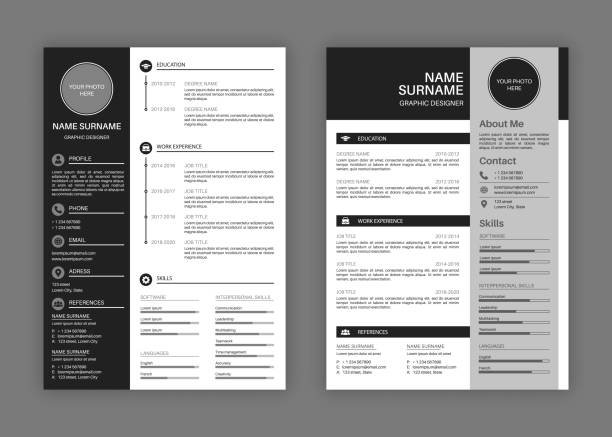 Cv templates. Professional resume letterhead, cover letter business layout job applications, personal description profile vector set Cv templates. Professional resume letterhead, cover letter business layout job applications, personal description profile vector stylish modern presentation set modern resume template stock illustrations