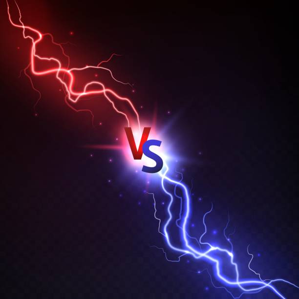 Lightning collision. Vector concept Vs lightning. Thunderstorms and shining lightnings powerful collision with vs symbol. Sport logo match and game, versus vector electric bright light concept in darkness dueling stock illustrations
