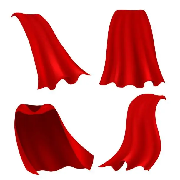 Vector illustration of Red cape. Realistic draped scarlet cloak front, side and back view, silk mantle model clothing, carnival costume accessories vector set