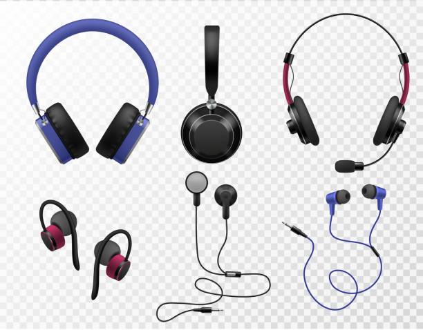 musik-kopfhörer. verschiedene arten realistische ohrhörer, drahtloses headset und tragbare ohr-kopfhörer, sound-gadget-zubehör, 3d-vektor-set - kopfhörer stock-grafiken, -clipart, -cartoons und -symbole