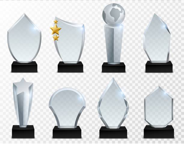 illustrations, cliparts, dessins animés et icônes de prix de verre. trophée en cristal transparent, réalisation acrylique et prix gagnant ensemble de vecteur isolé - two dimensional shape star crystal symbol