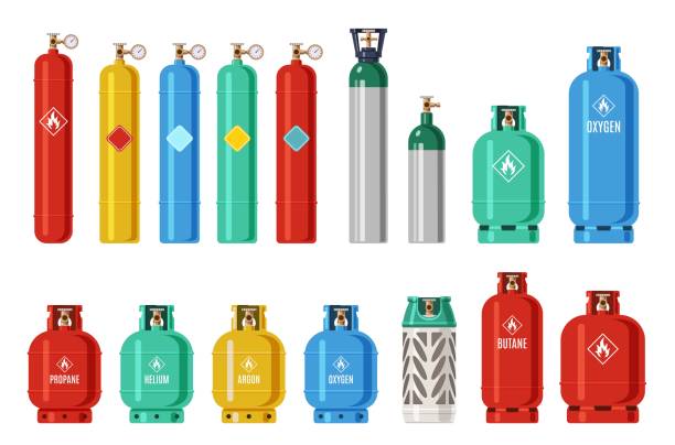 Gas cylinders. Lpg propane container, oxygen gas cylinder and canister. Fuel storage liquefied compressed gas high pressure vector set Gas cylinders. Lpg propane container, oxygen gas cylinder and canister. Fuel storage liquefied compressed gas high pressure vector camping equipment set nitrogen icon stock illustrations