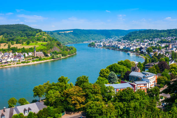 Boppard town aerial view, Germany Boppard town aerial panoramic view from Gedeonseck viewpoint. Boppard is the town in the Rhine valley in Germany. rhine river photos stock pictures, royalty-free photos & images