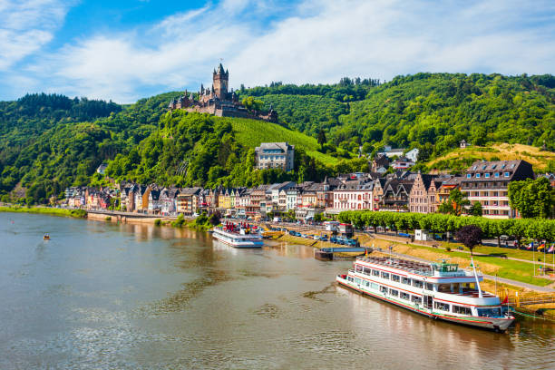 Cochem town aerial view, Germany Cochem town aerial panoramic view in Moselle valley, Germany rhine river photos stock pictures, royalty-free photos & images