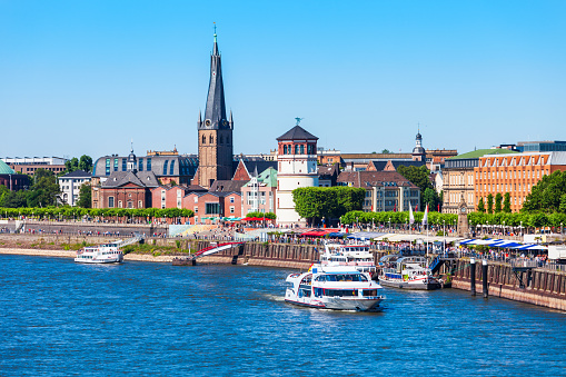 St. Lambertus Church and Schlossturm castle tower in aldstadt old town of Dusseldorf city in Germany