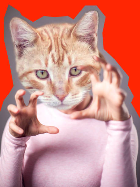 istock Modern art collage. Woman model with cat face instead head on bright background. 1192902466