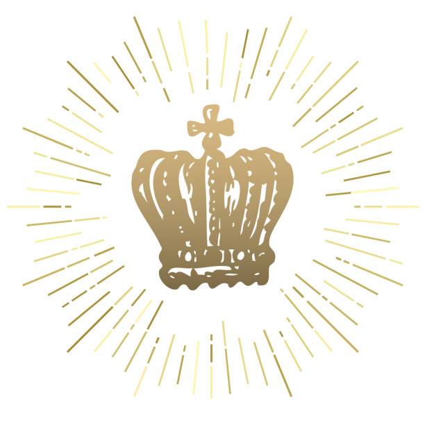 illustrazioni stock, clip art, cartoni animati e icone di tendenza di schizzo antico corona reale in raggi dorati. - tattoo grunge crest coat of arms