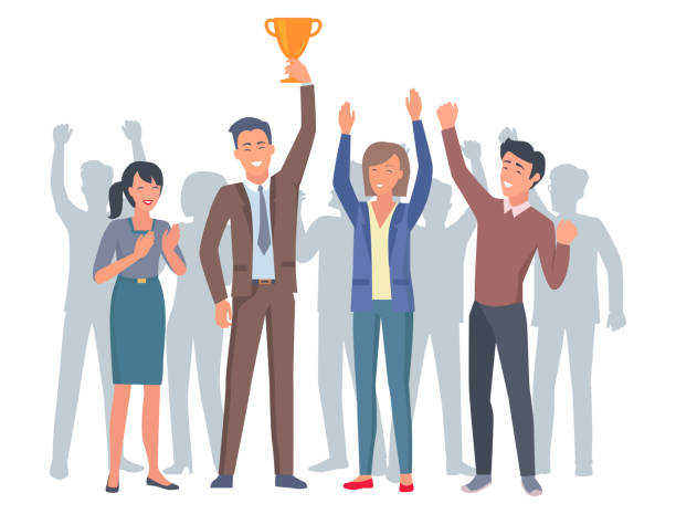 ÑÐ°Ð±Ð»Ð¾Ð½ 30 Ð°ÑÑÐ±Ð¾Ñ�Ð´Ð¾Ð²(1) Lucky and applauding four humans with gold trophy in startup. Cheerful office worker raised high yellow cup vector illustration. four people office stock illustrations