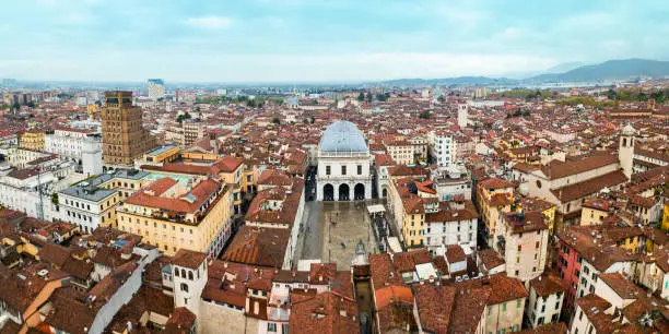 Piazza della Loggia aerial panoramic view, a one of the main squares of Brescia city in north Italy