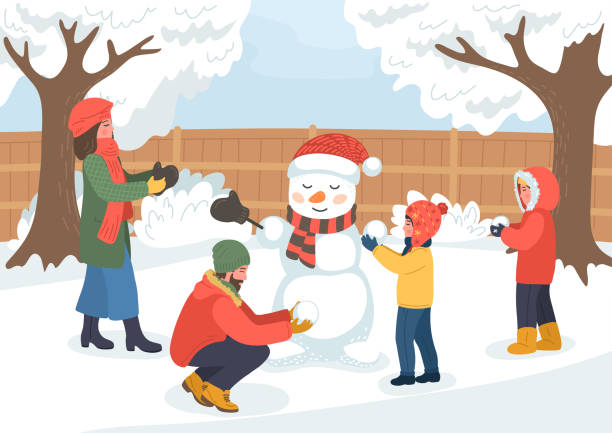 ilustrações de stock, clip art, desenhos animados e ícones de family making snowman - winter men joy leisure activity