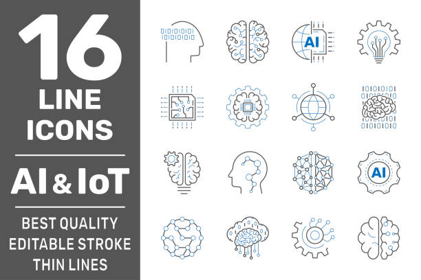 ilustraciones, imágenes clip art, dibujos animados e iconos de stock de aprendizaje automático, ia, iconos de línea de iot. conjunto de inteligencia artificial, cerebro digital, sistema automatizado y más. trazo editable. eps 10 - aprendizaje profundo