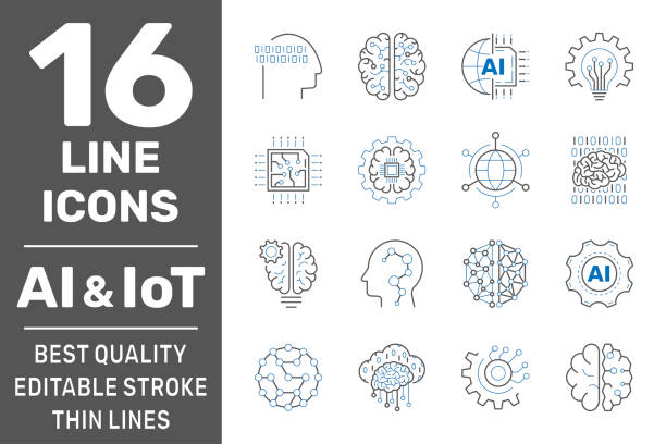 Machine learning, AI, IoT line icons. Set of artificial intelligence, digital brain, automated system and more. Editable stroke. EPS 10 Machine learning, AI, IoT line icons. Set of artificial intelligence, digital brain, automated system and more. Editable stroke. EPS 10 stroking illustrations stock illustrations