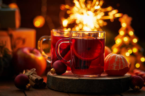 Close up of two glasses of hot tea on Christmas table