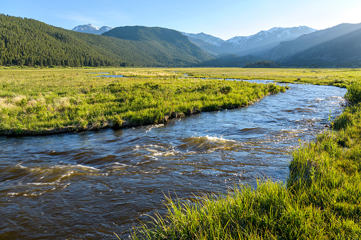 Evening sun shines on rushing Big Thompson River at Moraine Park in Rocky Mountain National Park, Colorado, USA.