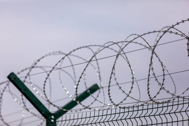istock Barbed wire on the sky backgroundBarbed wire on the sky background. metal wire. selective focus 1192911056
