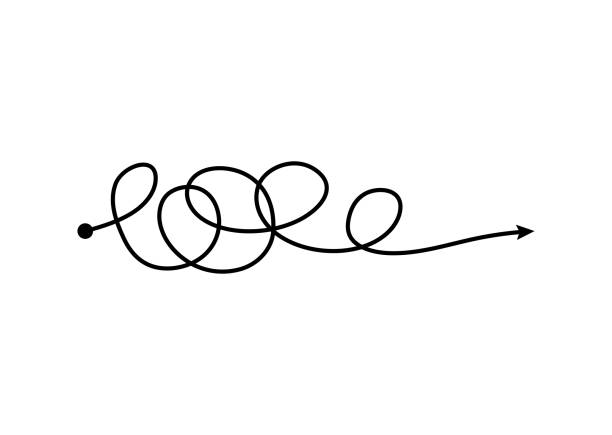 Tangle arrow line in freehand scribble style, messy chaotic thought process doodle Tangle arrow line in freehand scribble style, messy chaotic thought process doodle or curvy complicated path abstract sketch drawing - isolated vector illustration on white background loopable elements stock illustrations