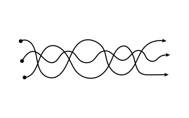 Vector illustration of Three arrows intertwined in wavy lines, curvy neat wave tangle showing different paths crossing each other