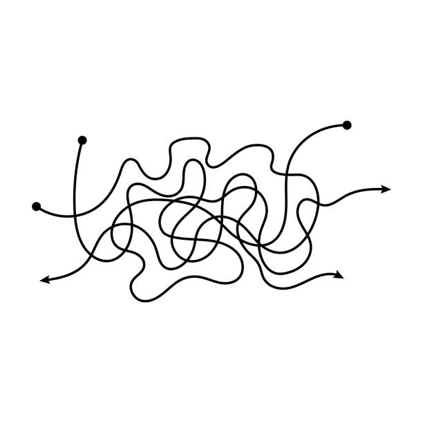 Messy long arrow line tangle isolated on white background. Messy long arrow line tangle isolated on white background. Freehand scribbles intertwined in random chaotic mess, abstract doodle shape - vector illustration small group of objects stock illustrations