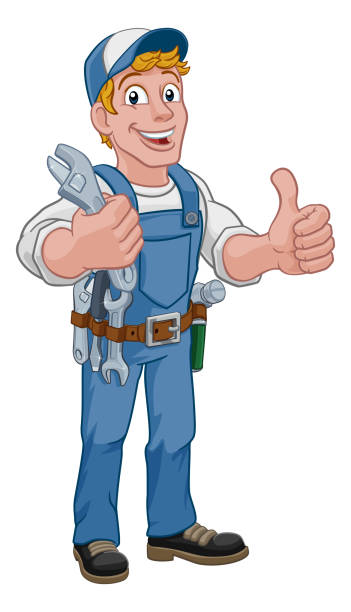 ilustrações, clipart, desenhos animados e ícones de mecânico encanador wrench spanner cartoon handyman - boiler water heater symbol repairing