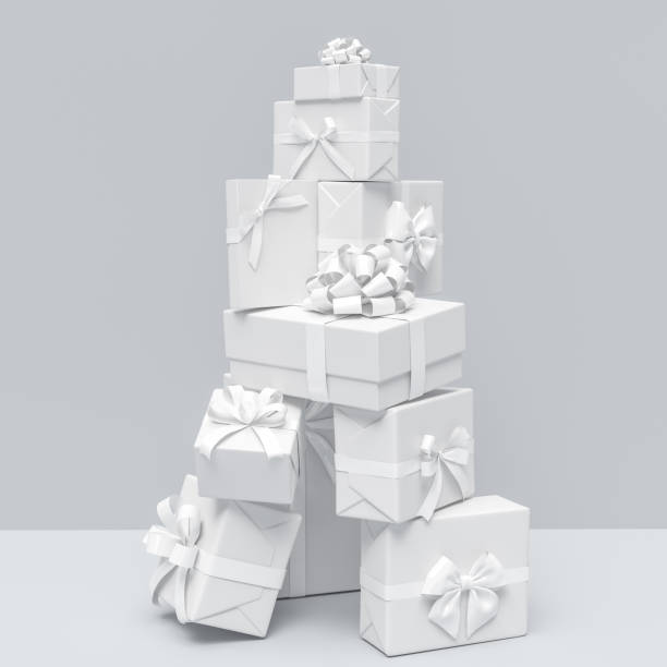 istock White Christmas presents pile, stack of gifts, many gift boxes, 3d rendering 1192913624