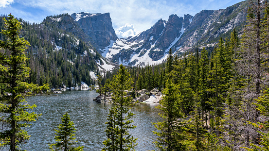 A Spring panoramic view of Hallett Peak and Flattop Mountain towering at shore of Dream Lake, Rocky Mountain National Park, Colorado, USA.