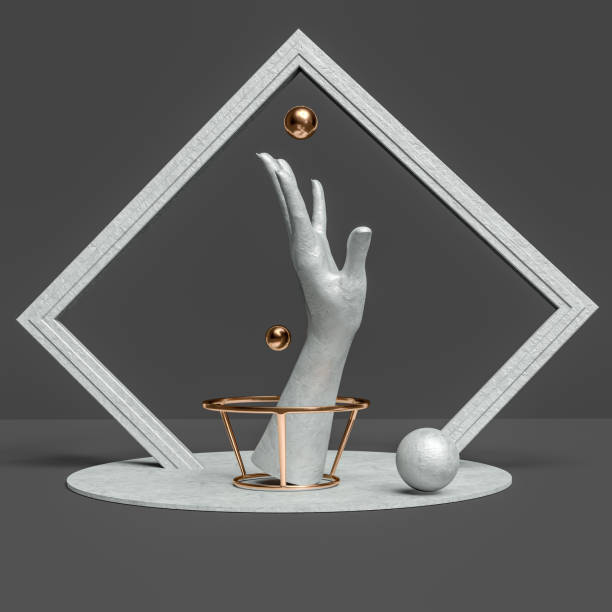 istock Conceptual composition with hand sculpture and abstract geometric shapes, black and white creative minimalist forms figures, 3d rendering 1192914185
