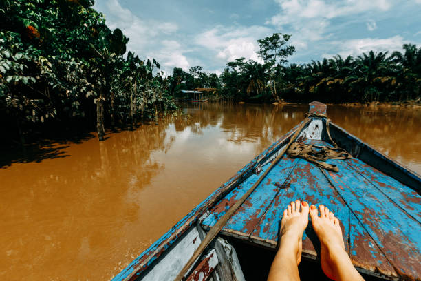 Woman`s feet on an open boat, brown tropical river, Guyana, South America Woman`s feet on an open, wooden boat; cruise along still brown tropical river, Guyana, South America guyana stock pictures, royalty-free photos & images
