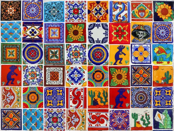 Photo of Mexican ceramic tile. Multicolored bright colorful background.