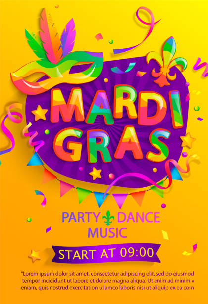 ilustrações, clipart, desenhos animados e ícones de mardi gras flyer com convidativo para a festa de carnaval. - vector costume party feather