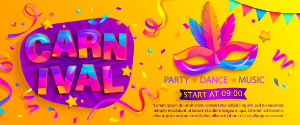 Banner for fun carnival party,mask with feathers. Banner for fun carnival party. Traditional mask with feathers and confetti for carnaval,mardi gras, fesival,masquerade,parade.Template for design invitation,flyer poster,banners. Vector illustration. party background stock illustrations