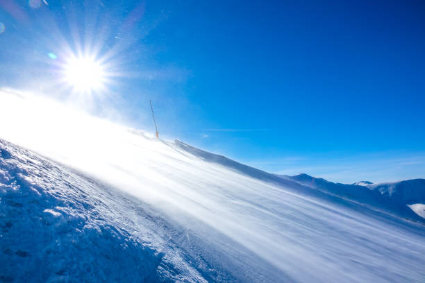 istock Snowstorm in Sunny Weather on an Empty Ski Slope 1192918346